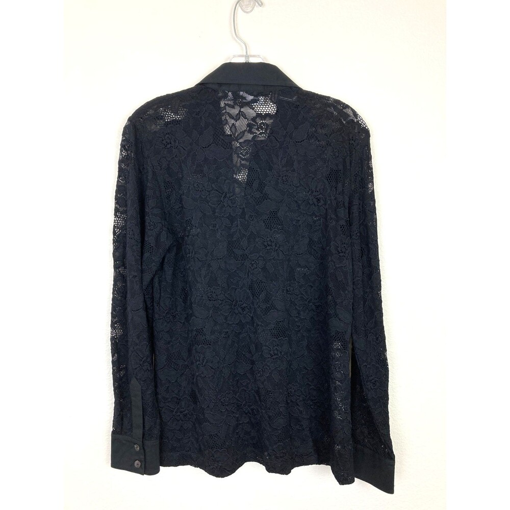 Chico's Women's V-Neck Button U Shirt Size 8 M Black Sheer Floral Crochet Lace - Picture 4 of 8